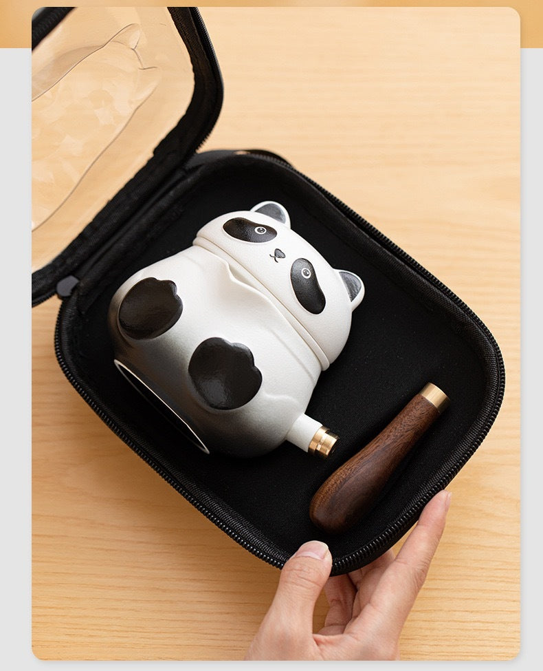 panda side handle tea set travel case open