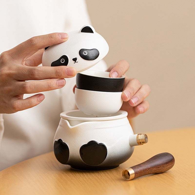panda side handle tea set nested detail