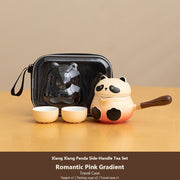 panda side handle tea set romantic pink travel case