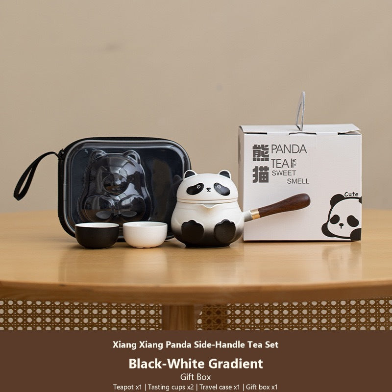 panda side handle tea set black white gift box