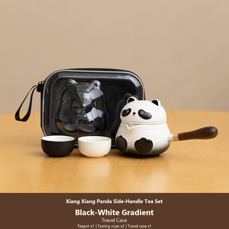 panda side handle tea set black white travel case