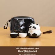panda side handle tea set black white travel case