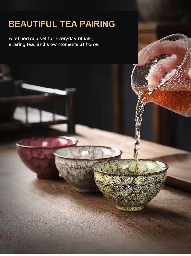 Pouring tea into Five Elements cup with English pairing description