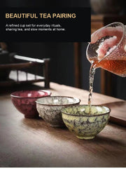 Pouring tea into Five Elements cup with English pairing description