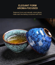 Two porcelain tea cups with English aroma-focused description