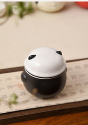 Black Panda travel teapot close up with panda lid