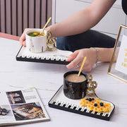 Piano Key Tea Cup set in black and white with matching tray and spoon
