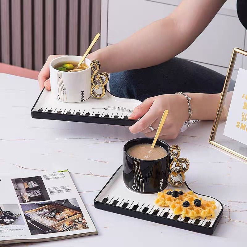 Piano Key Tea Cup set in black and white with matching tray and spoon