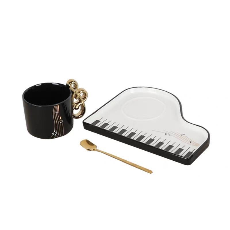 Piano Key Tea Cup components with cup keyboard tray and gold spoon