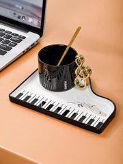 Black Piano Key Tea Cup desk scene for tea or coffee