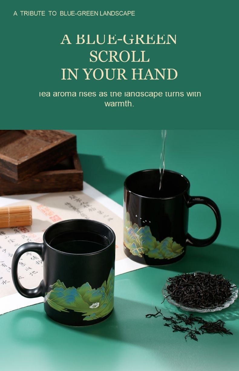 Blue-green scroll in your hand heat-reactive mug lifestyle image
