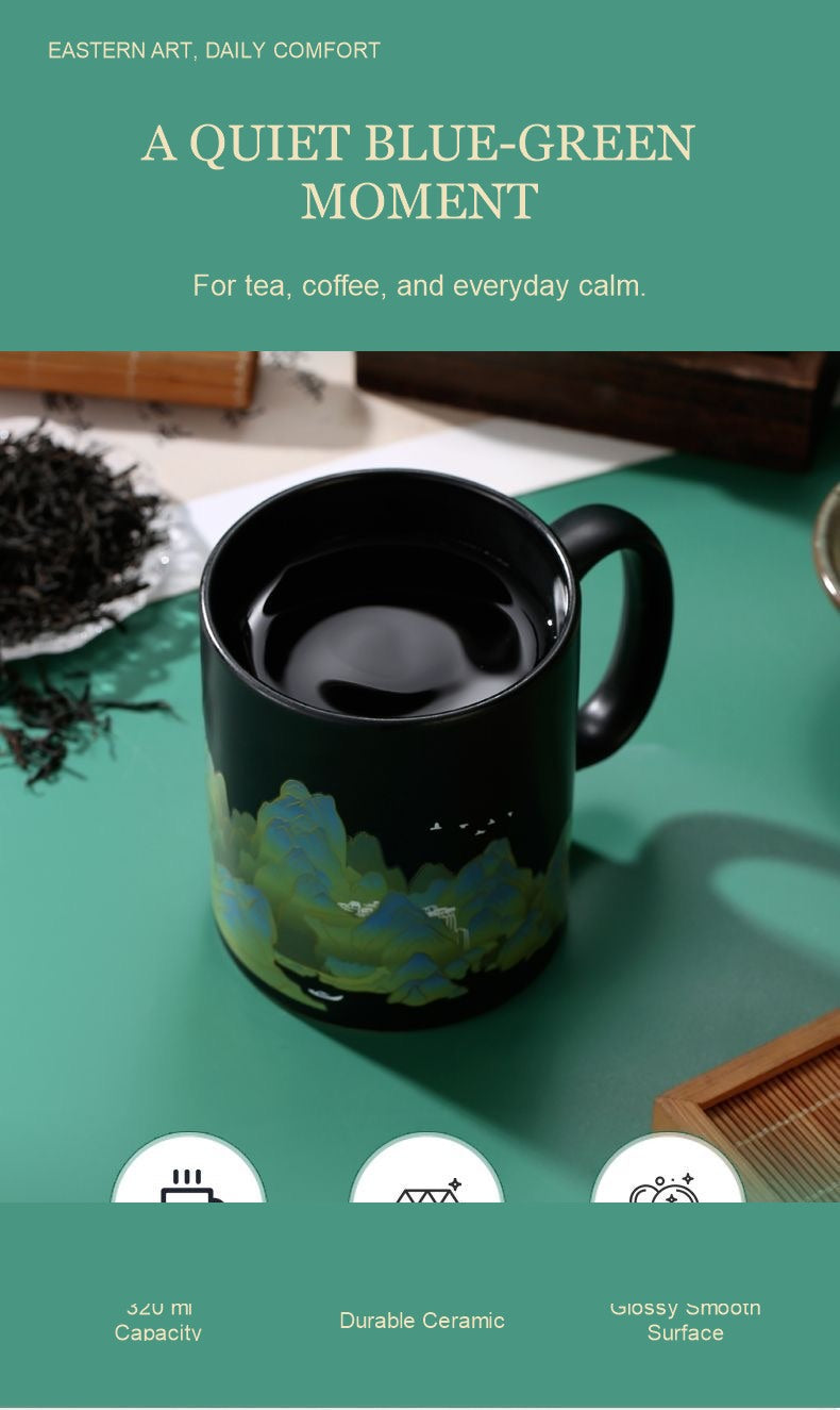 Quiet blue-green moment glossy mug capacity and surface details