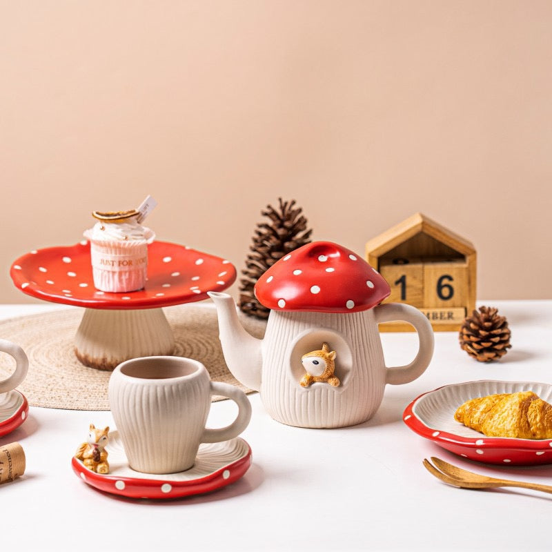 Red mushroom ceramic tableware collection with teapot cup saucer dessert stand and plate