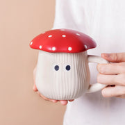 Red mushroom ceramic mug with lid and white ribbed body