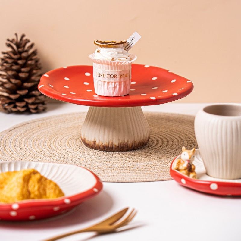 Red mushroom ceramic cake stand used as dessert stand