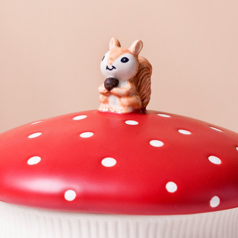 Red mushroom ceramic lid with squirrel detail